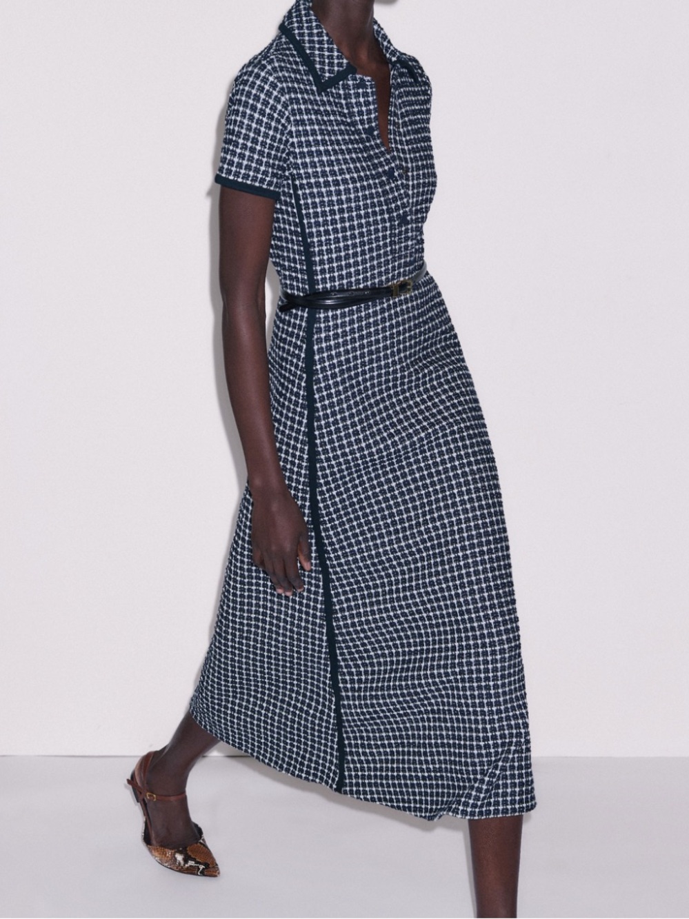 ME + EM PLAID PRINT MIDI LENGTH DRESS NAVY -US4